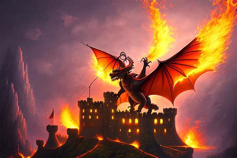 Dragon Attacking Castle, Generative AI Illustration Digital Art by ...