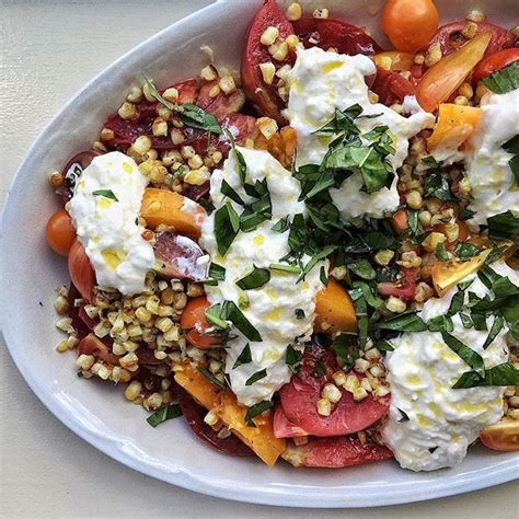 Heirloom Tomato Salad With Blistered Corn, Stracciatella Cheese And Fresh Basil by kevmasse ...