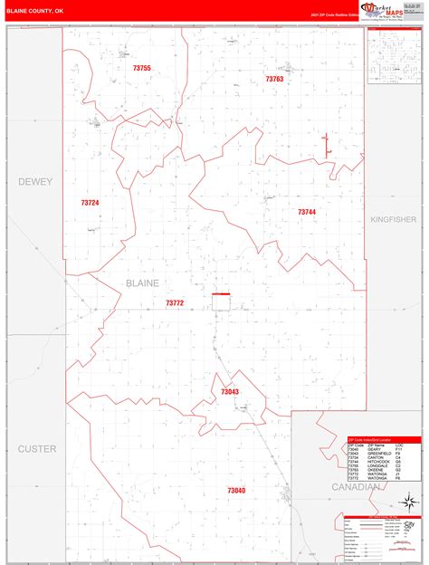 Blaine County, OK Zip Code Wall Map Red Line Style by MarketMAPS