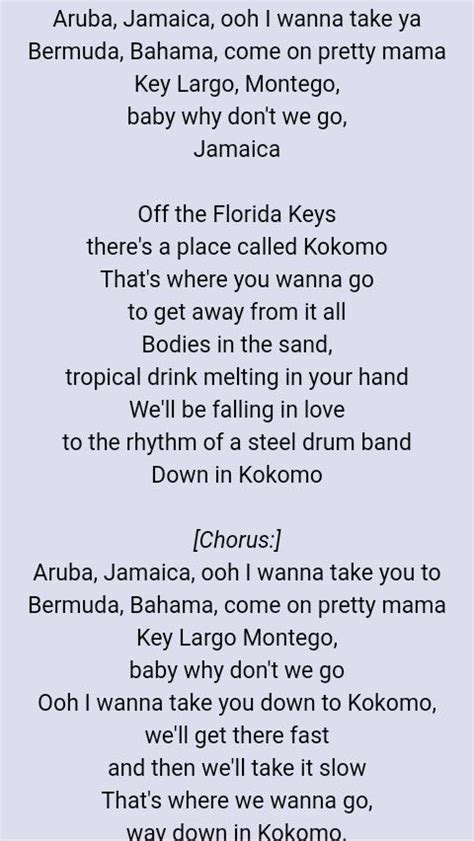 Kokomo by The Beach Boys Great Song Lyrics, Music Lyrics, Music Music ...