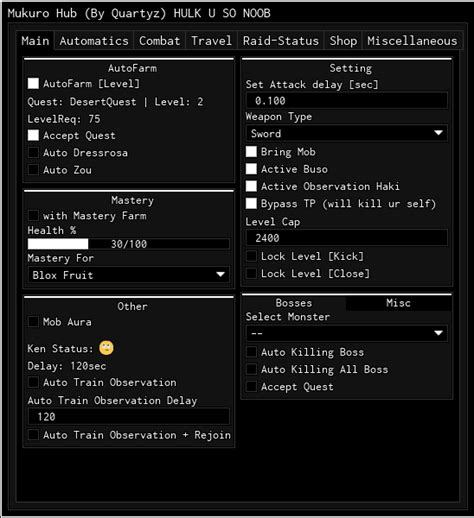 Blox Fruits Script Hack Features auto farm levels auto mastery mob aura ...