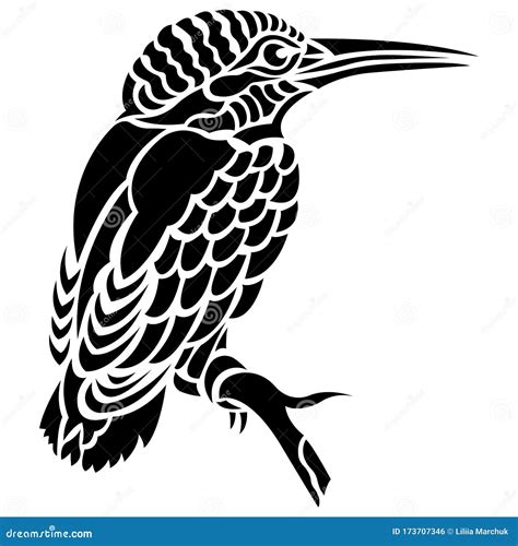 Kingfisher Bird Sits on a Branch Black Silhouette Drawn by Various Lines in the Celtic Style ...