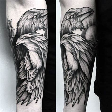 two black and white tattoos with an eagle on one arm