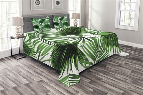 Palm Leaf Bedspread Set King Size, Realistic Vivid Leaves of Palm Tree Growth Ecology Lush ...