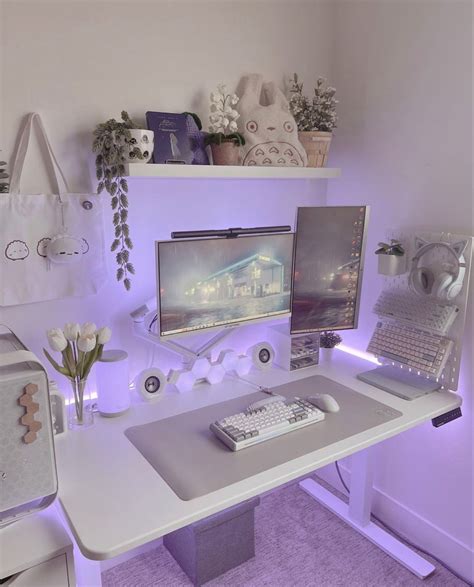 Gaming setup pc computer aesthetic minimalistic white Bedroom Setup, Room Makeover Bedroom, Room ...