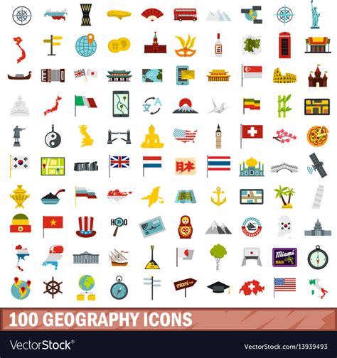 100 geography icons set flat style Royalty Free Vector Image