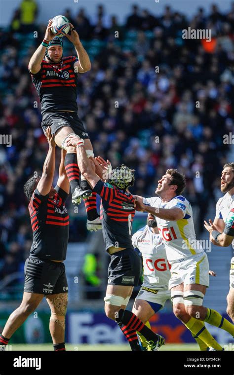 London, UK. 26th Apr, 2014. Steve BORTHWICK of Saracens wins a line out ...