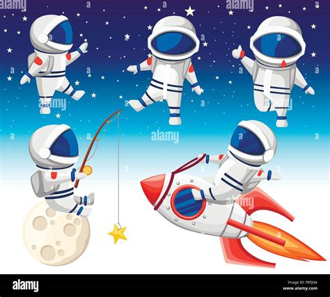 Cute astronaut collection. Astronaut sits on rocket, astronaut sits on moon and fishing and ...