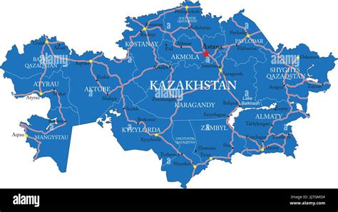 Highly detailed vector map of Kazakhstan with administrative regions ...