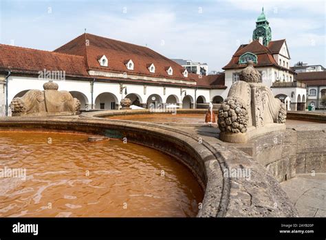 Fountain in the Art Nouveau spa complex Sprudelhof, Bad Nauheim Stock ...