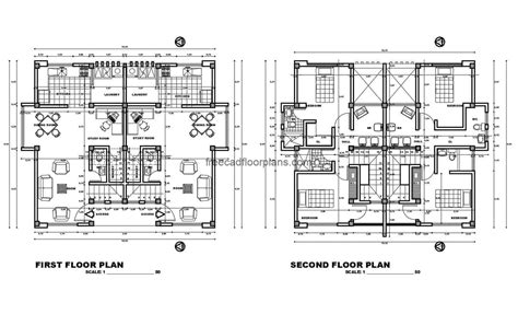 Two Storey Duplex House Autocad Plan, 2306201 - Free Cad Floor Plans