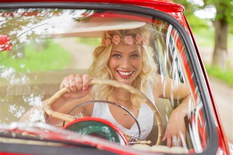 Portrait of Woman Driving a Red Vintage Car Stock Photo - Image of pretty, driving: 77592584