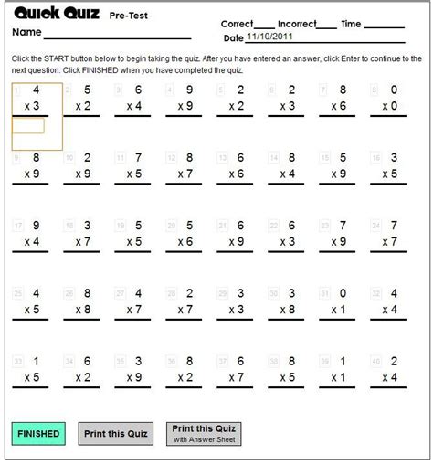 Times Table Quiz Worksheets