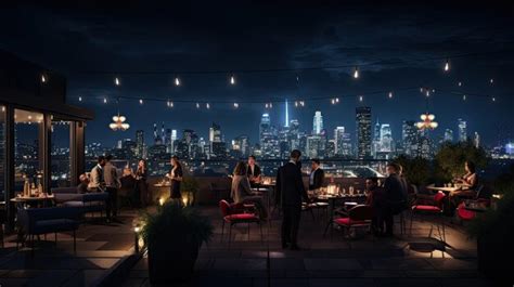 Premium Photo | A photo of a trendy urban rooftop bar city skyline backdrop