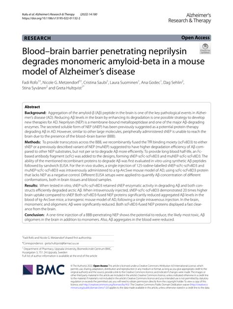 (PDF) Blood–brain barrier penetrating neprilysin degrades monomeric amyloid-beta in a mouse ...