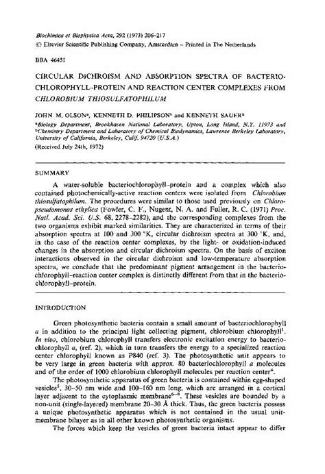 (PDF) Circular dichroism and absorption spectra of bacteriochlorophyll-protein and reaction ...