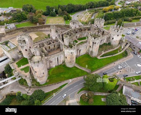 Aerial view of Conwy Castle in the town of Conwy in North Wales. It was ...