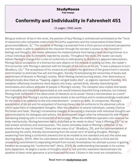 Conformity and Individuality in Fahrenheit 451 - Free comparison essay ...