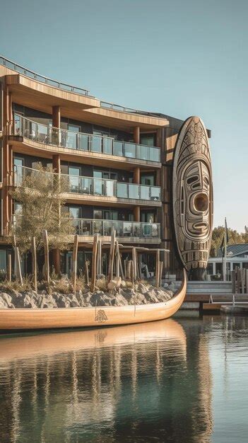 Premium AI Image | A wooden canoe sits in the water in front of a building with a large boat in ...