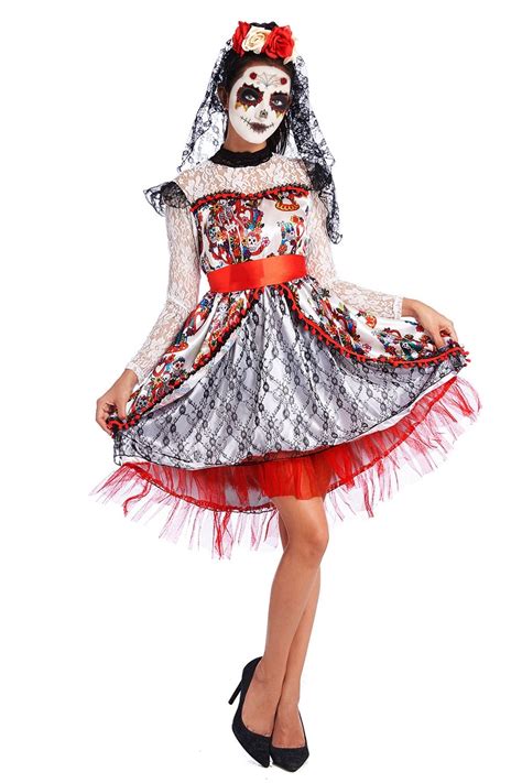 Ladies Day of the Dead Sugar Skull Halloween Fancy Dress Costume - Day of the Dead Costume ...