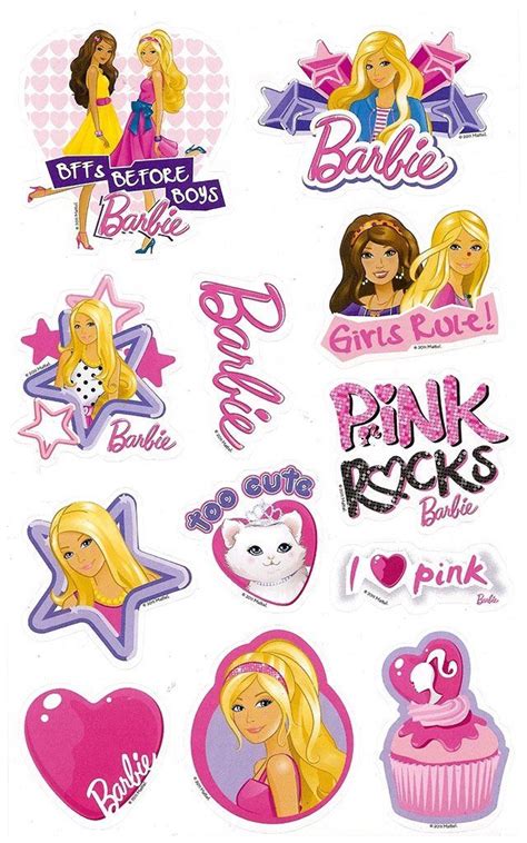 the stickers are all different colors and designs for barbie dolls, including cupcakes