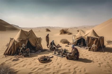 Premium AI Image | Nomadic tribe setting up camp in desert landscape ...