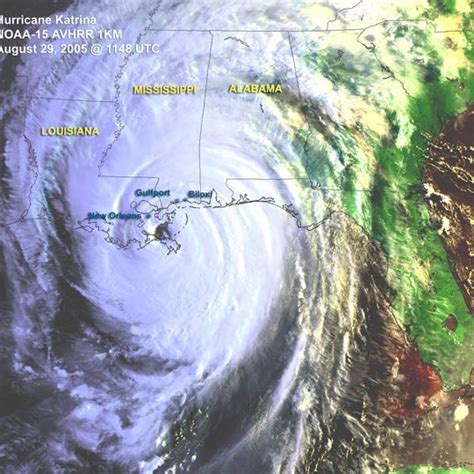 GOES image of Hurricane Katrina as it made landfall, leaving a path of... | Download Scientific ...