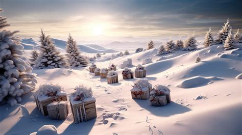 Christmas Snow Scene Village With Presents Arranged In The Backgrounds ...