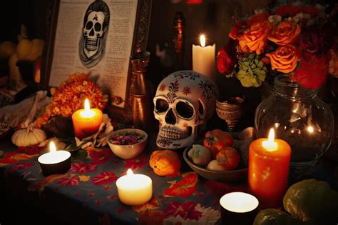 Premium AI Image | Day of the dead altar adorned with candles flowers and offerings