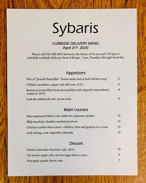 Menu at Sybaris Bistro, Albany