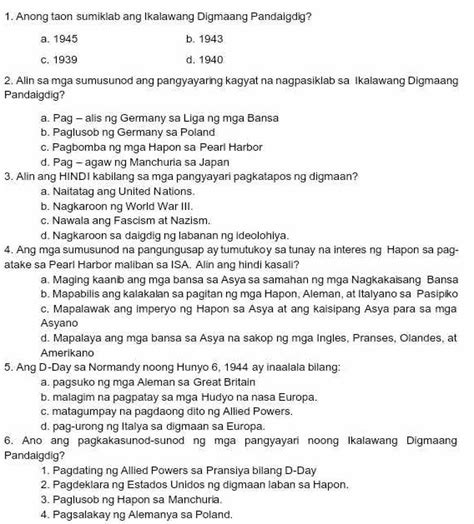 Solved: 1. Anong taon sumiklab ang Ikalawang Digmaang Pandaigdig? a ...