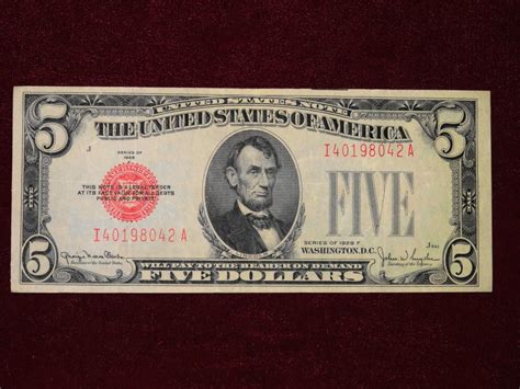 Sold at Auction: 1928 SERIES RED SEAL 5 DOLLAR BILL