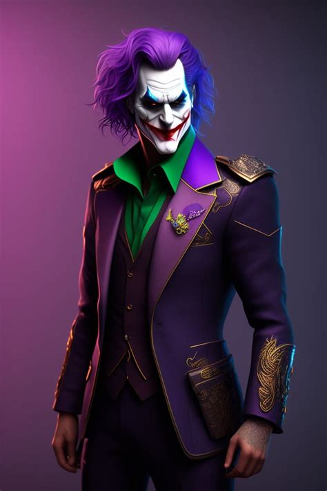 sleepy-gull200: joker, purple suit, well detailed face, cute smile, black background, 8K, realistic.