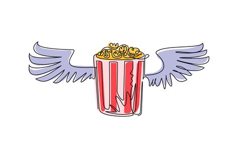 Single continuous line drawing full popcorn bucket with wings logo ...