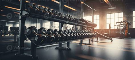 Gym interior background of dumbbells on rack in fitness and workout ...