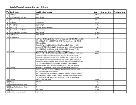 Kostenloses Office Equipment List