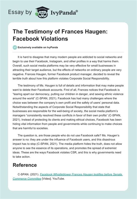 The Testimony of Frances Haugen: Facebook Violations - 284 Words | Essay Example