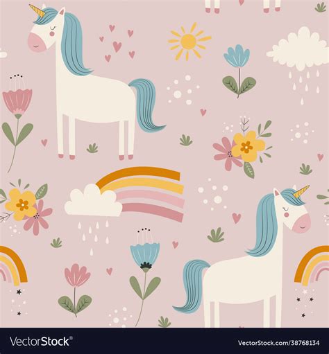 Hand drawing cute unicorn and flowers seamless Vector Image