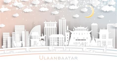 Ulaanbaatar Mongolia City Skyline in Paper Cut Style with Snowflakes, Moon and Neon Garland ...