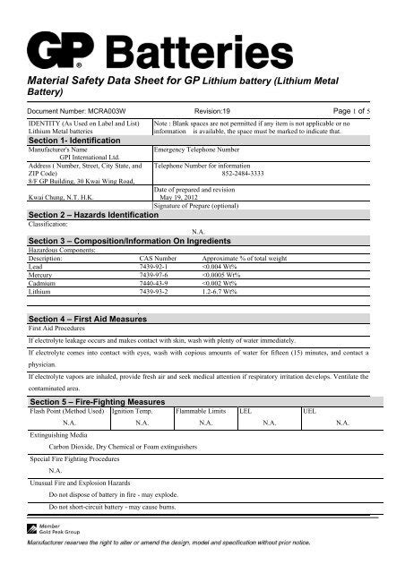 Material Safety Data Sheet Lithium Battery