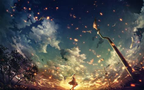 anime, Blue Hair, Sunset, Embers, Clouds, Vocaloid, Hatsune Miku Wallpapers HD / Desktop and ...