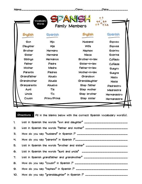 Spanish Family Members Vocabulary Word List Worksheet & Answer Key | Made By Teachers