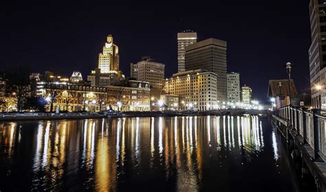 Skyline of Providence, Rhode Island at nighttime over the water image ...