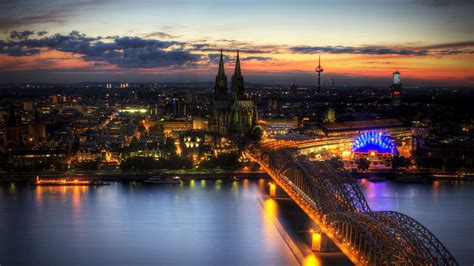 Wallpaper bridge, lights, night, cologne, river, building hd, picture, image