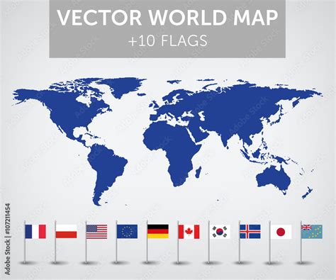 Vector world map + 10 flags Stock Vector | Adobe Stock