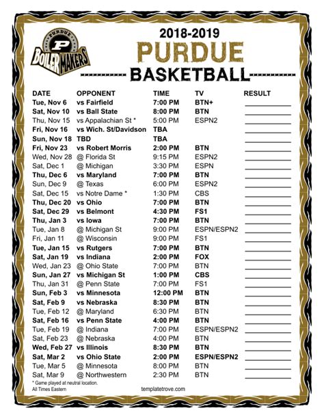 Printable 2018-2019 Purdue Boilermakers Basketball Schedule