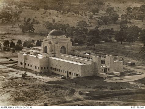 Aerial view of the western facade and front entrance of the Australian War Memorial. This ...