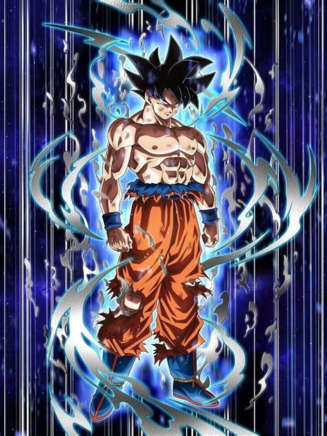 the dragon ball character is standing in front of blue and silver swirly lines with his hands on ...