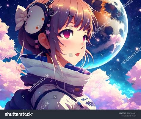 Portray Beautiful Anime Girl Moon Background Stock Illustration ...