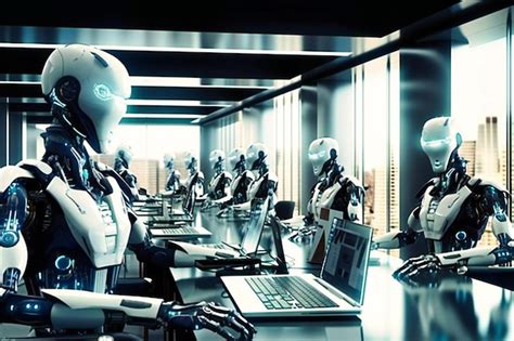 Premium Photo | Robots working in a room with a laptop